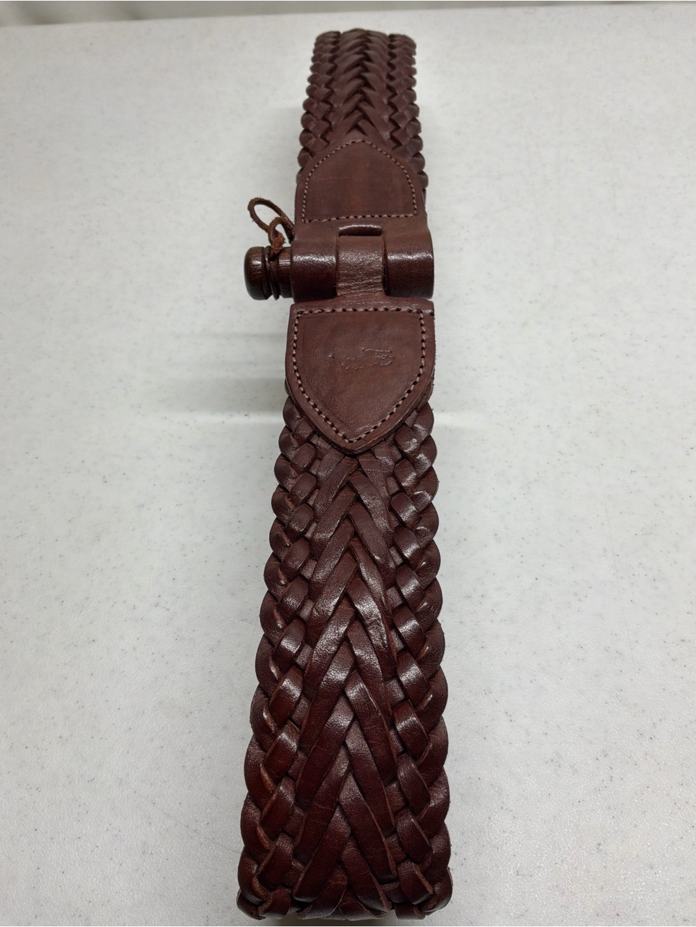 Vintage Polo Ralph Lauren Braided Brown Leather Boho Belt with Wood Peg Fastener
